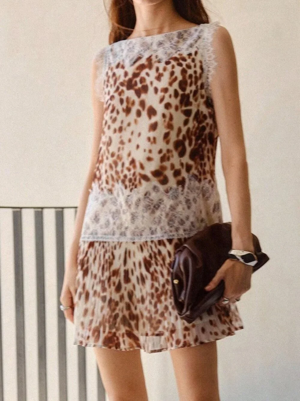 Multicolor Elegant Women's Animal Print Lace Patchwork Short Dress